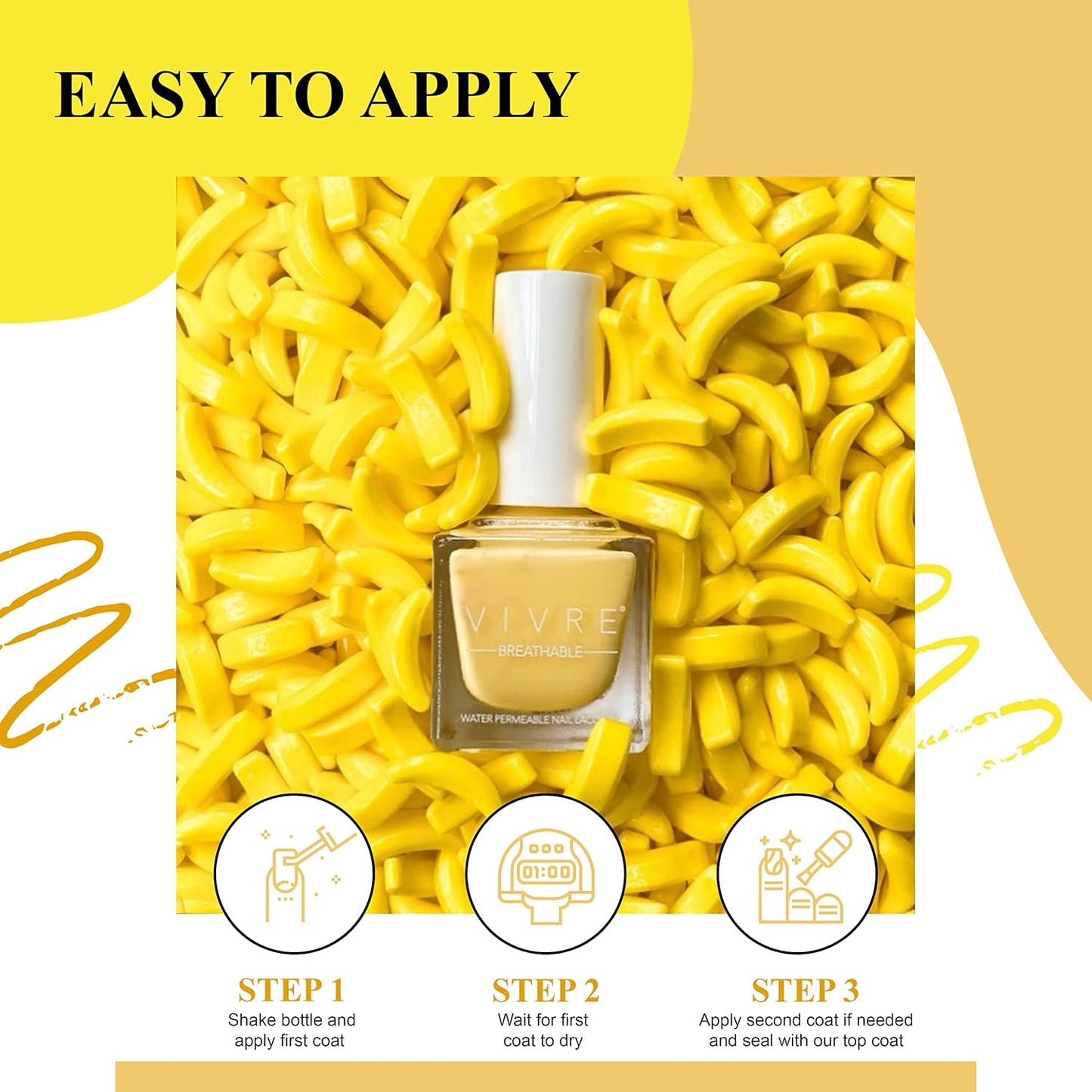 VIVRE Cosmetics Quick Dry Shiny Halal Nail Polish - Vegan, Non Toxic, Long Lasting, Breathable & Water Permeable - Going Bananas