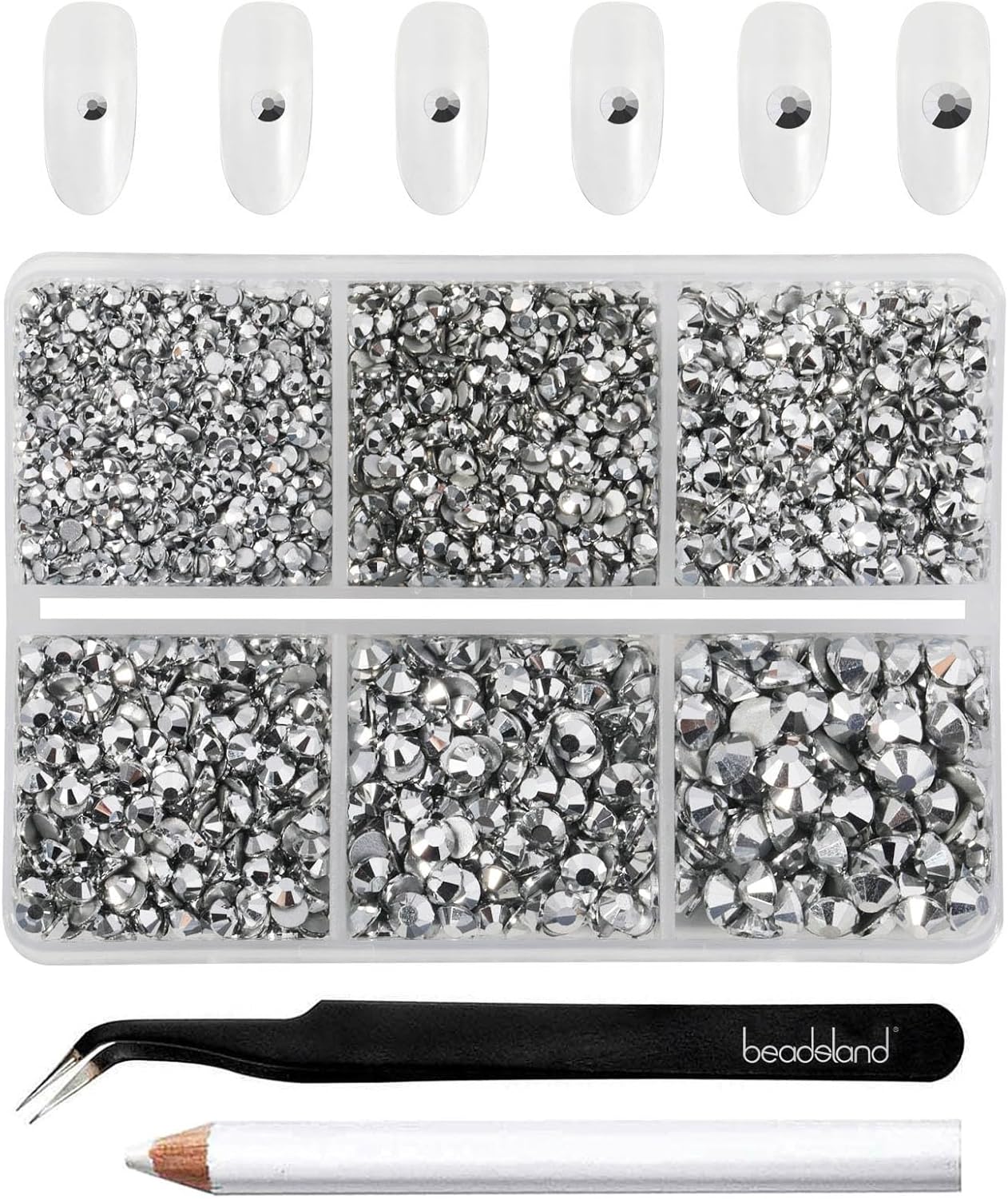 Beadsland 4300pcs Flatback Rhinestones,Silver Rhinestone Nail Gems Round Crystal Rhinestones for Crafts,Mixed 6 Sizes with Picking Tweezers and Wax Pencil Kit, SS6-SS20,Silver Hematite