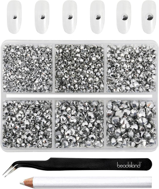 Beadsland 4300pcs Flatback Rhinestones,Silver Rhinestone Nail Gems Round Crystal Rhinestones for Crafts,Mixed 6 Sizes with Picking Tweezers and Wax Pencil Kit, SS6-SS20,Silver Hematite