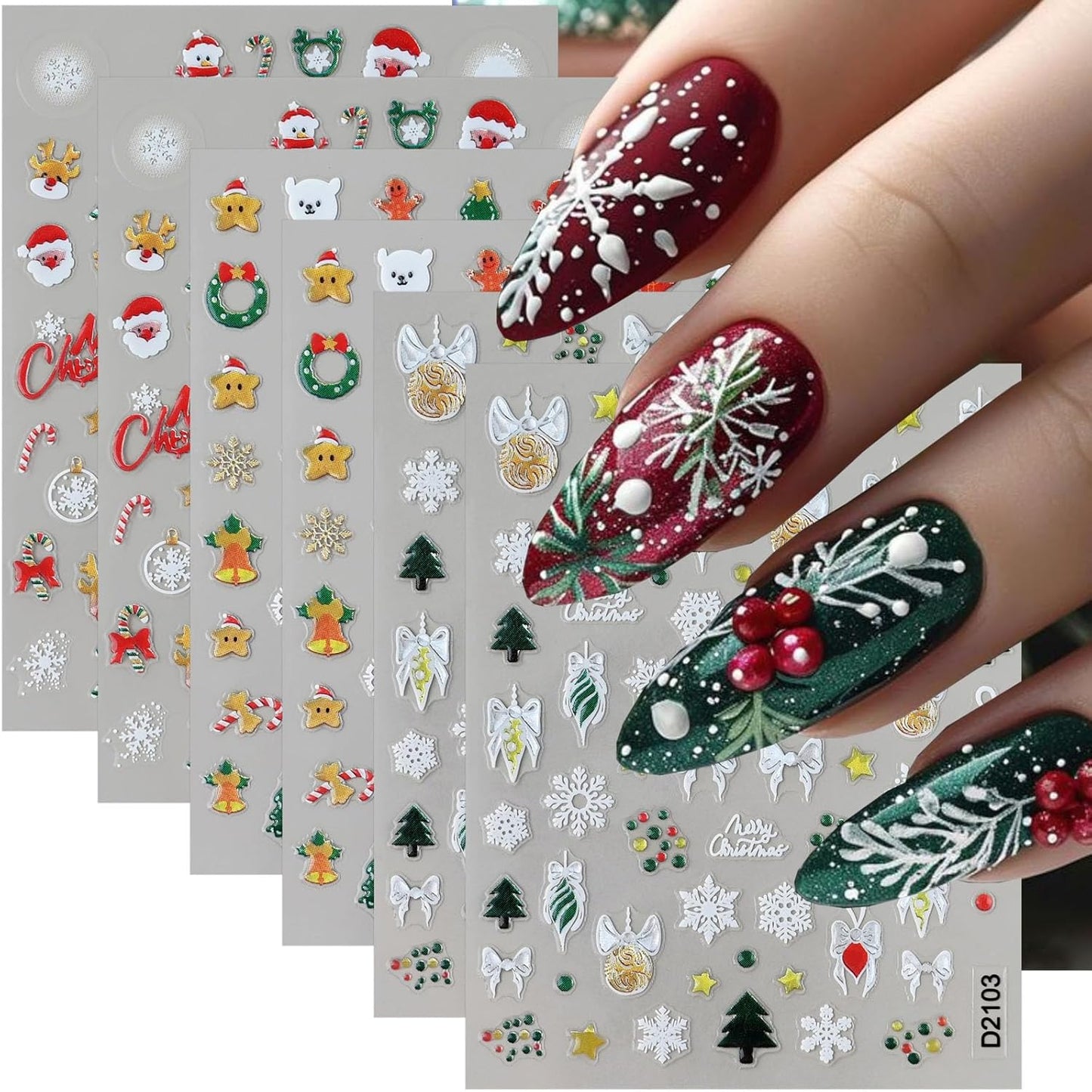 6 Sheets Christmas Nail Stickers, Christmas Tree Bell Snowflake Nail Art Stickers 3D Self-Adhesive Nail Art Supplies Santa Claus Elk Design Winter Xmas Nail Decals for Women DIY Holiday Manicure Decor