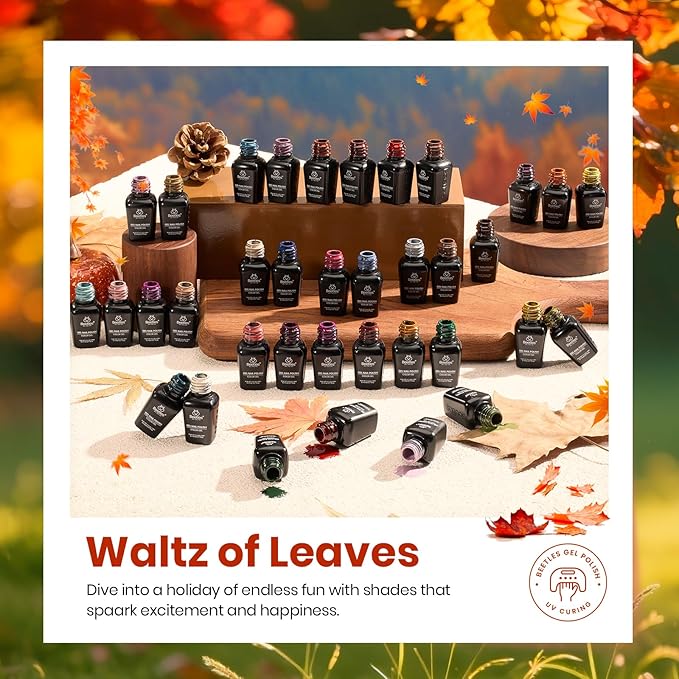 beetles Winter Gel Polish Set - Waltz of Leaves Collection, Brown Orange Red Purple Blue Colors Gel Polish Set With 4pcs Base and Glossy Matte Glitter Top Coat Soak Off UV Led Nails Gift for Women