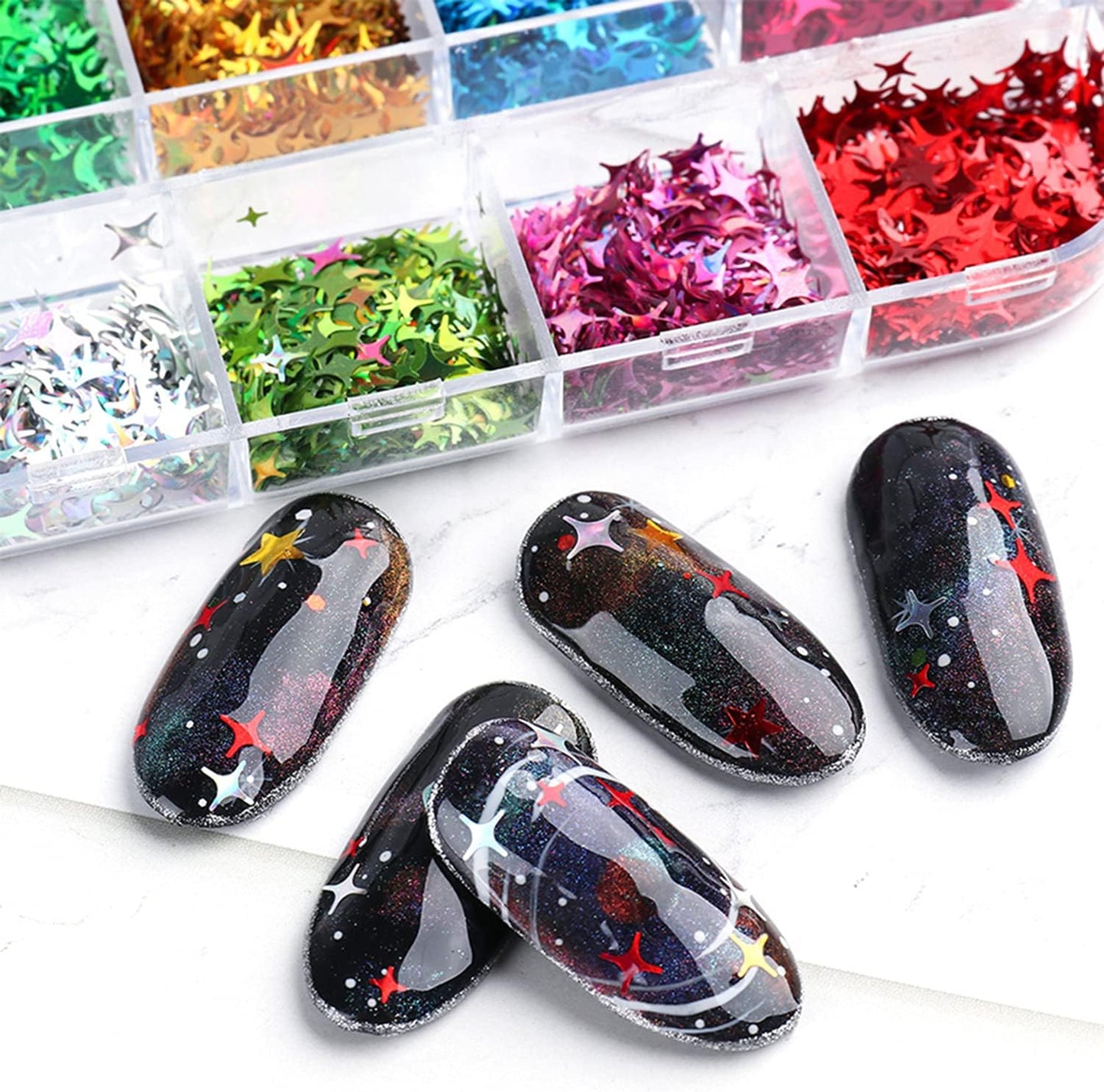12 Colors Star Nail Art Stickers Glitter Four-Pointed Star Flakes Nail Art Sequins Paillette Confetti Holographic Laser Shining Gel Colorful Nails Decoration DIY Acrylic Nail Supplies Manicure Tips