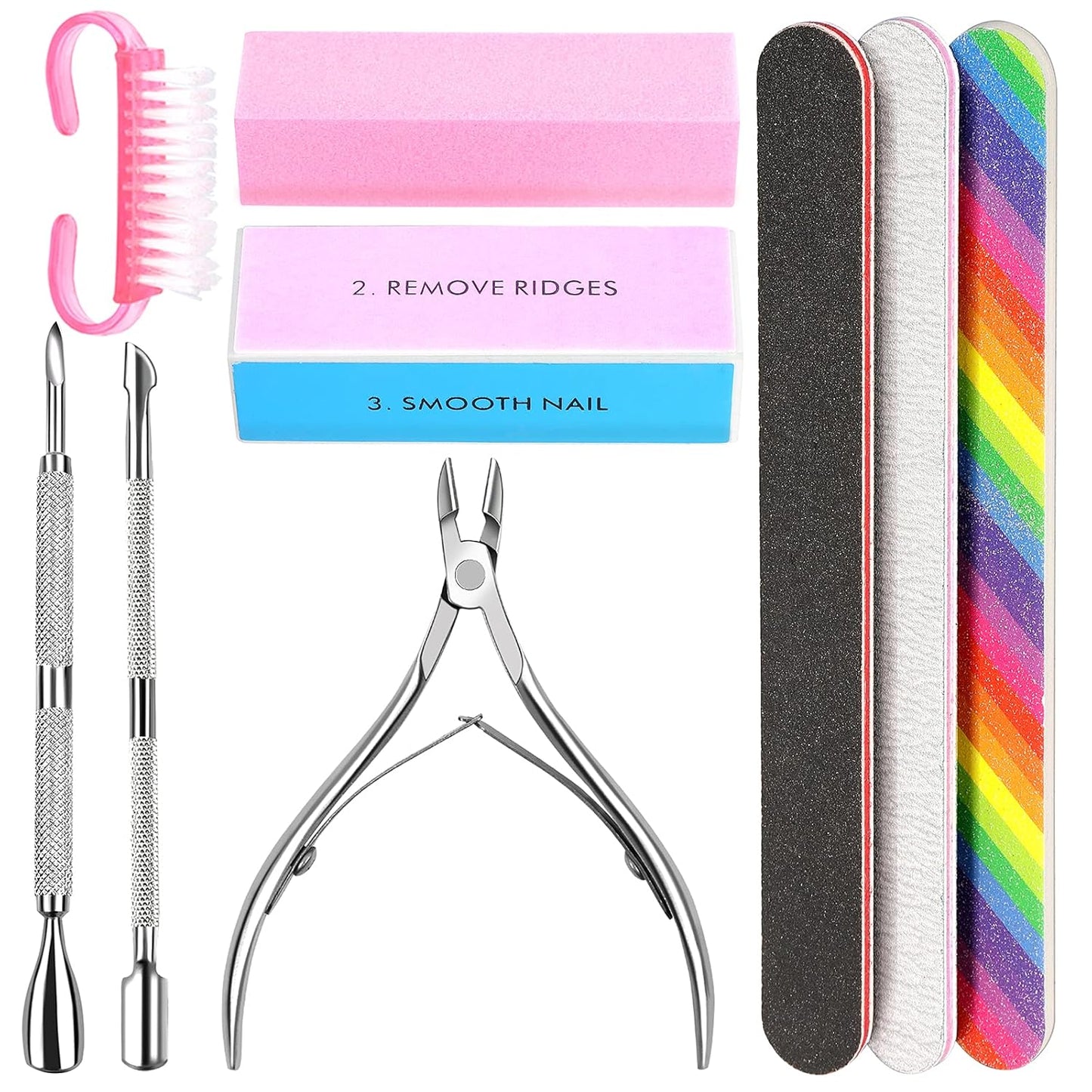 3pcs Double Sided Rectangular Nail File and Buffer, Buffer Block Sponge Polished, Nail Brush, Come with Cuticle Nipper and Pusher, Perfect Manicure Tool Kit for Shiny Nail
