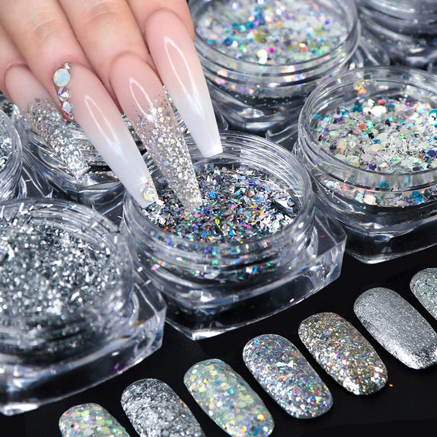 Holographic Nail Sequin Glitter Accessories Colorful 3D Glitter Flakes Nail Supply Acrylic Flakes Designs False Nails Manicure Tips Kit for fingernail toenail Nail Glitter Art Decorations (8 Boxes)