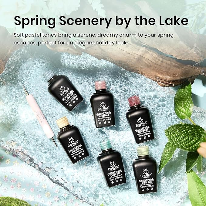 Beetles Pastel Gel Nail Polish - Spring Scenery By the Lake Soak Off UV LED Gel Polish, 6 Colors Pink Green Yellow Drawing Swirl Shell Thread Effect Nails DIY Manicure Gifts for Women