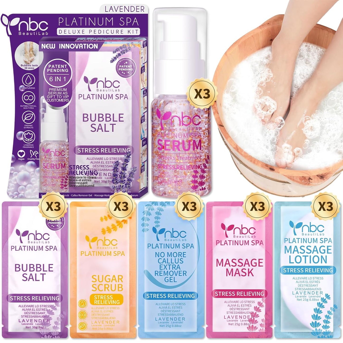 Pedicure Foot Soak Set - Upgraded 6 in 1 Foot Spa, Foot Bath Spa, Pedicure Kit for Tired & Dry Cracked Feet, Athletes Feet, Bad Odor, Softens Calluses (3 Set Lavender)