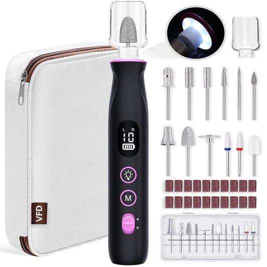 Electric Nail Drill, Cordless 2000 mAh Rechargeable Portable Nail File 12 in 1 Kit for Thick Toenails, 10 Speeds Nail Dril Machine Professional Manicure Pedicure for Hand Natural Nails Care (Black)
