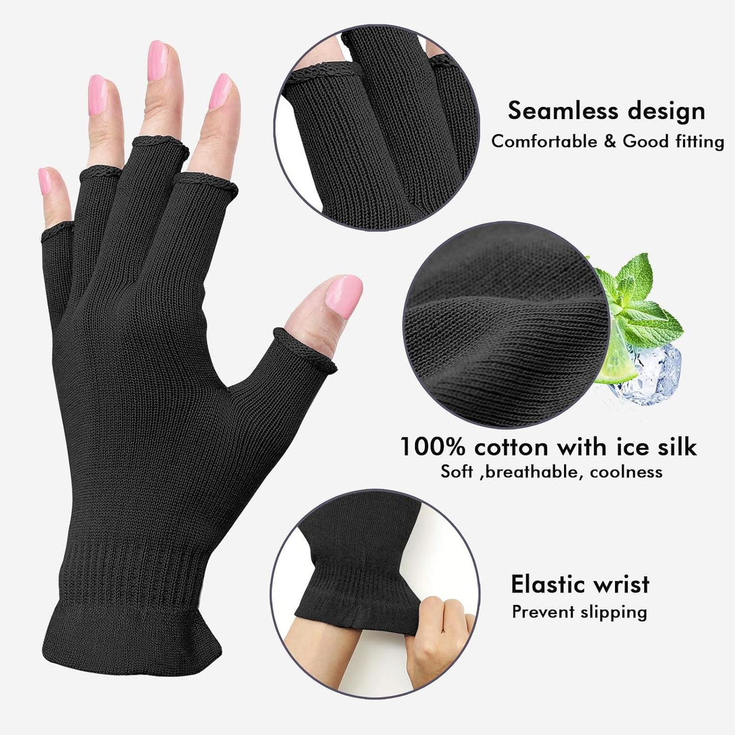 MIG4U 3 Pairs Fingerless Moisturizing Gloves, Half Finger Touchscreen Beauty Glove for SPA, Eczema, Dry Hands, Skin Treatment, Summer Sun UV Protection (L/XL, Black-3pairs)