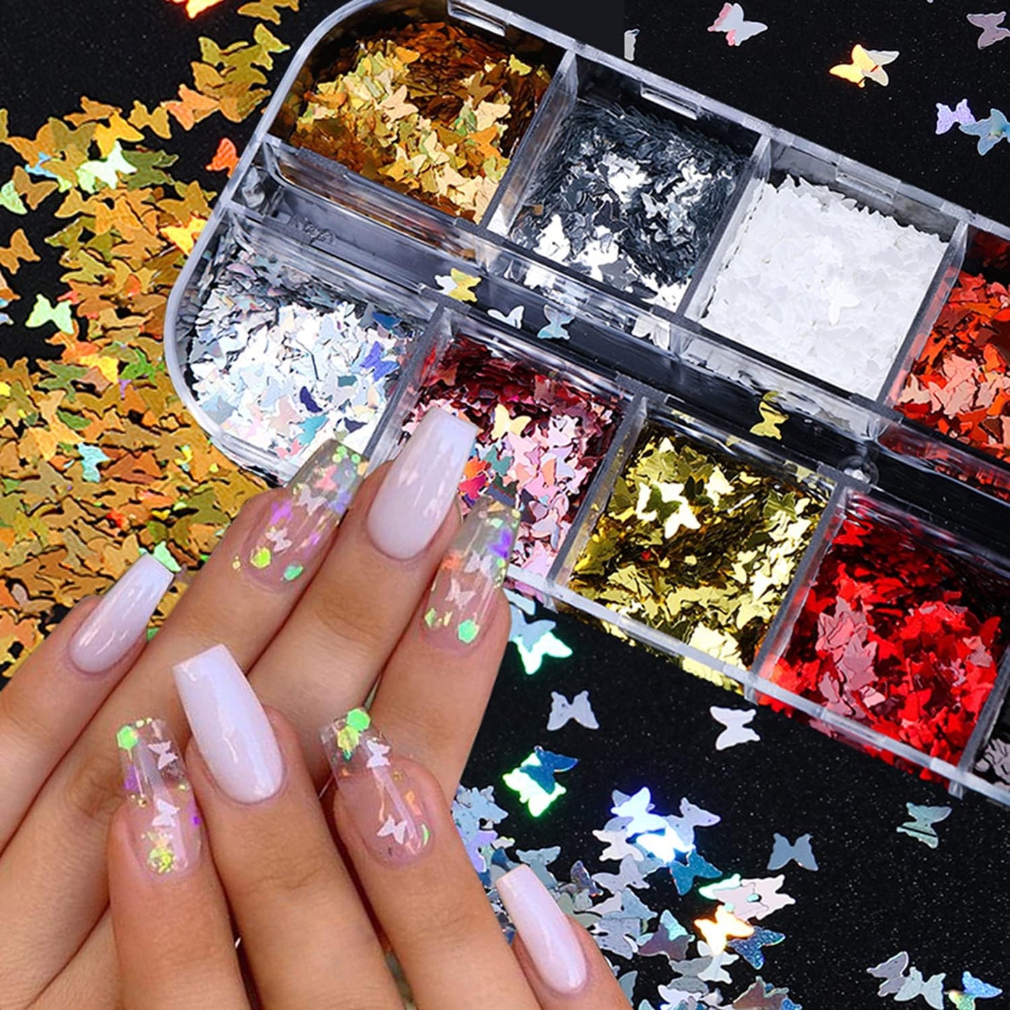 12 Colors Butterfly Nail Art Stickers Butterflies Nail Glitter Sequins 3D Art Accessories Butterfly Shape Flakes Powder Holographic Gold Red Pink Butterflies Sequins Design Acrylic Nails Supply Kit