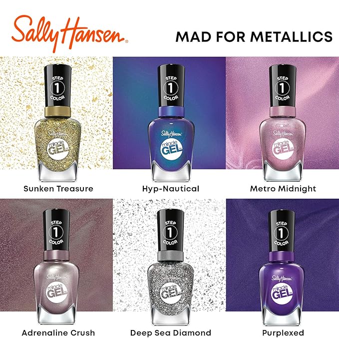 Sally Hansen Miracle Gel Salon Quality Nail Polish | Gel-Like Formula, Two-Step System, No UV Light Needed, Long Lasting | Semi-Opaque, Glittery | 777 Sunken Treasure | Gold Glitter Nail Polish