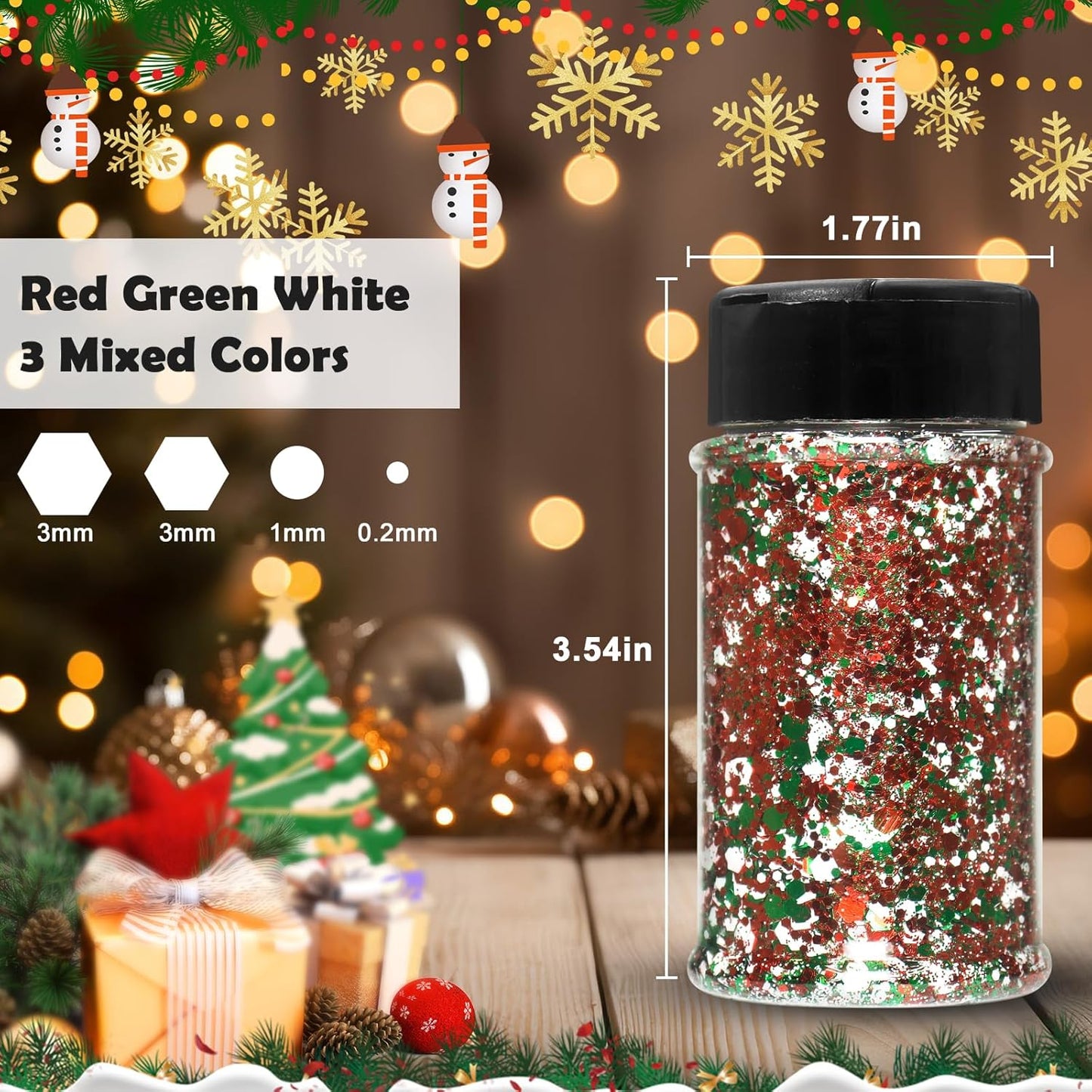 Renfio Xmas Chunky Glitter,Red White Green Mixed Color Glitter for Xmas,1.76oz/50g Mixed Size Iridescent Hexagon Sequin Sparkle for Snowglobe Tumbler,Resin,Craft,Nail,Face,Hair,Festival Decor,Ornament