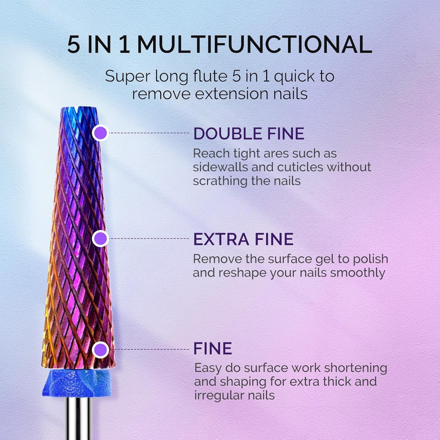 MelodySusie 3Pcs Nail Drill Bits Set, 3/32'' Carbide Tungsten Bits, Super Long 5 in 1, Flat Top Large Barrel and Cuticle Bits, Suitable for Manicure Pedicure Cuticle Gel Acrylic Remover, Purple