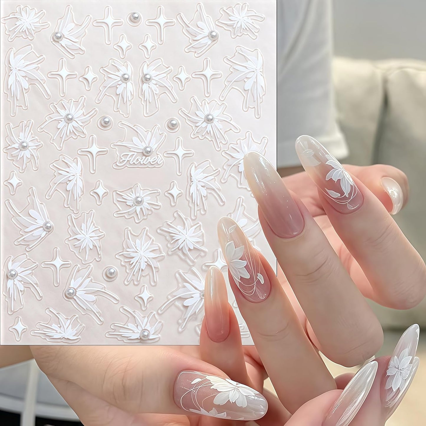 2 Sheets Green White Snow Mowing Flower Nail Art Stickers 5D Embossed Self-Adhesive Pearl Flower Stickers White Feather Lace Design Suitable for Ladies Girls Nail Art Decoration