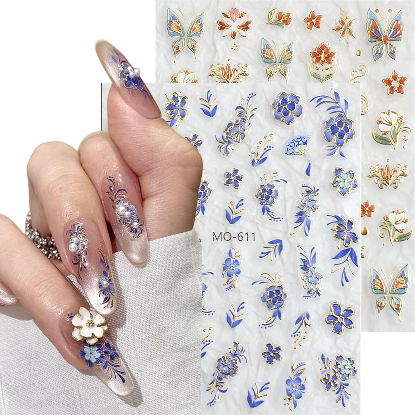 3 Sheet Flower Nail Art Stickers Decals 5D Embossed Self- Adhesive Blue Red Flowers Nail Stickers Gold Floral Nail Decals Supplies for Women DIY Manicure Accessories