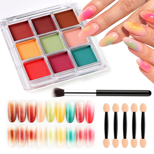 Nail Powder Pigment Palette - 9 Colors Ombre & Gradient Nail Art Design - Includes 5 Sponge Sticks & 1 Brush - DIY Manicure Kit for Beginners