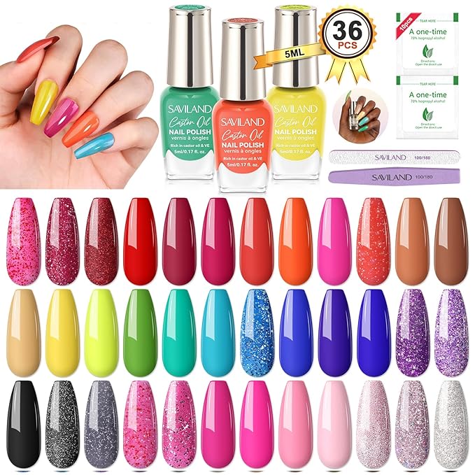 SAVILAND Nail Polish Set Air-Dry: 36 Colors Nail Polish Kit Red Pink Blue Glitter Regular Nails Polish with Base Top Coat Nail Lacquer Acrylic Nail Set for Beginner Home Salon DIY Gift Summer