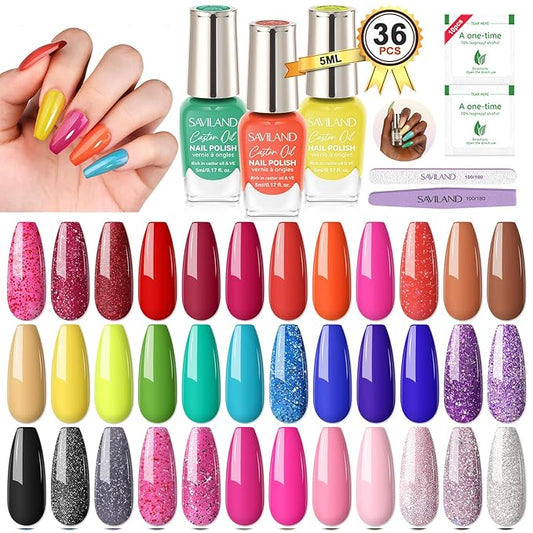 SAVILAND Nail Polish Set Air-Dry: 36 Colors Nail Polish Kit Red Pink Blue Glitter Regular Nails Polish with Base Top Coat Nail Lacquer Acrylic Nail Set for Beginner Home Salon DIY Gift Summer