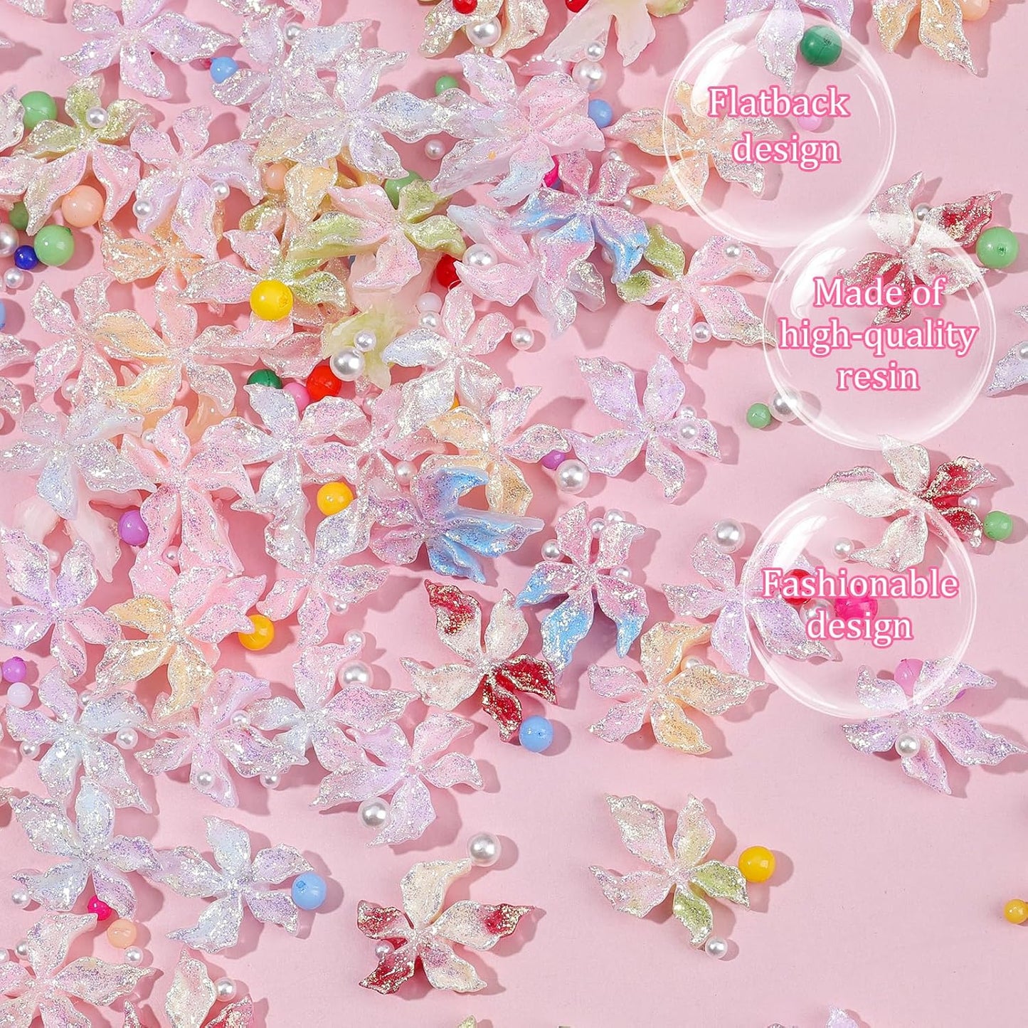 300Pcs Flower Nail Charms Kit, 100Pcs 3D Embossed Luminous Hibiscus Flowers Charms and 100Pcs Nail Pearls with 100Pcs Macaron Beads, Colorful Hawaii Floral Mini Gems Round Beads for Nails DIY