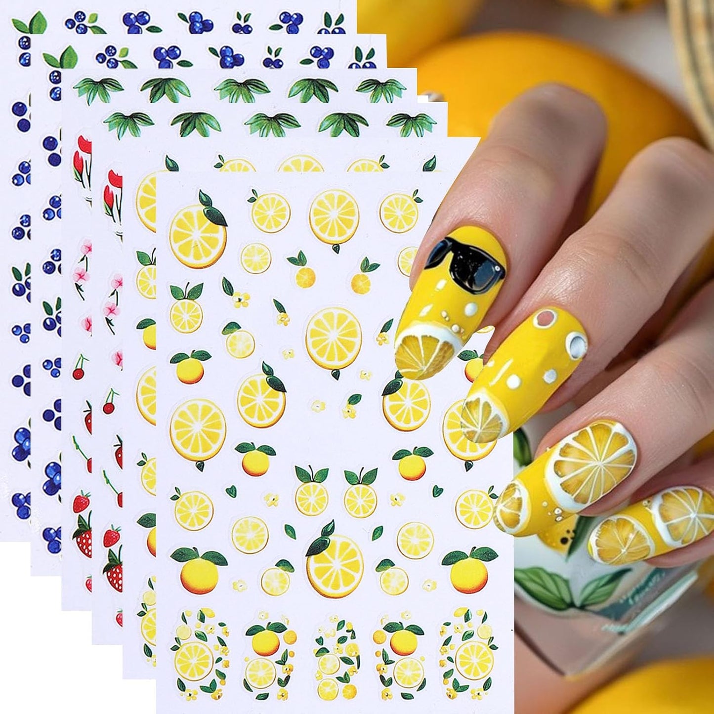 6 Sheets Fruit Nail Art Stickers Decals, 3D Self-Adhesive Embossed Lemon Strawberry Blueberry Stickers Nail Stickers for Women DIY Summer Manicure Decorations