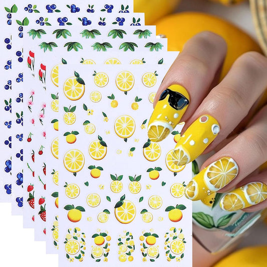 6 Sheets Fruit Nail Art Stickers Decals, 3D Self-Adhesive Embossed Lemon Strawberry Blueberry Stickers Nail Stickers for Women DIY Summer Manicure Decorations