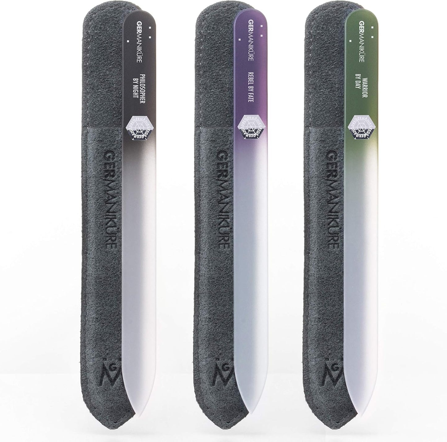 GERMANIKURE Czech Crystal Glass Nail File 3 Pack in Suede Leather Case - Professional Manicure & Pedicure Products for Smooth Easy Shaping of Natural Nails
