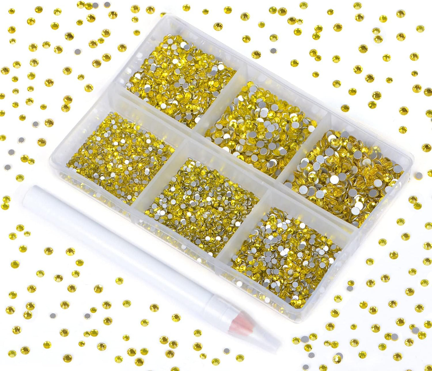 Bymitel 7200 Pieces 6 Mixed Sizes Glue Fix on Glass Rhinestones Round Crystal Gems Flatback for DIY Jewelry Making with one Picking Pen (6-Sizes 7200PCS, Citrine)