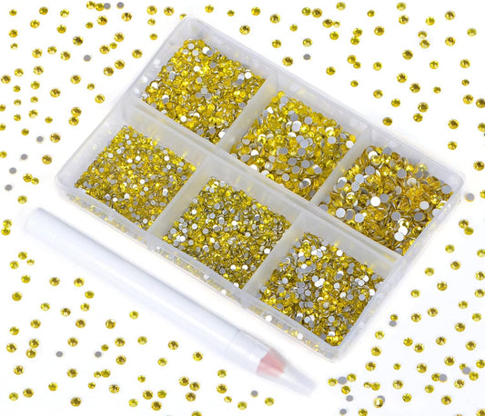 Bymitel 7200 Pieces 6 Mixed Sizes Glue Fix on Glass Rhinestones Round Crystal Gems Flatback for DIY Jewelry Making with one Picking Pen (6-Sizes 7200PCS, Citrine)