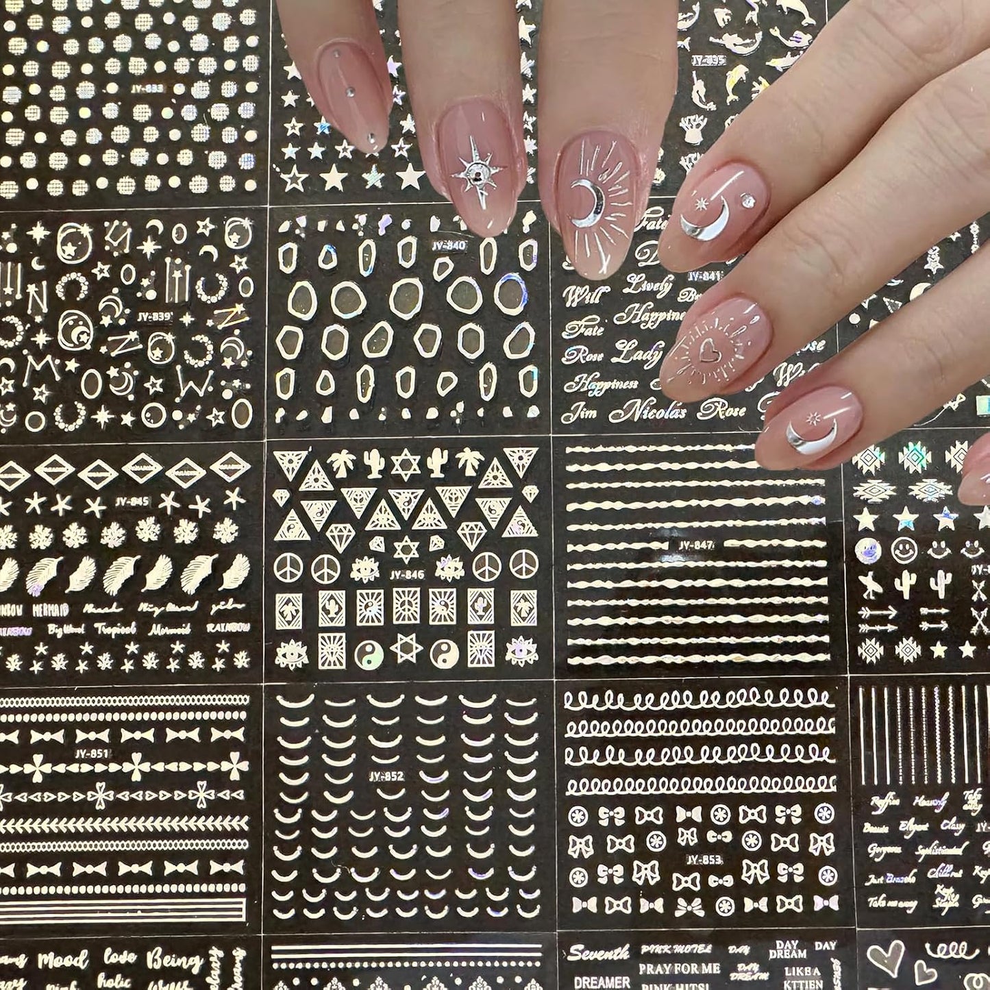 30 Sheets Silver Nail Art Stickers Aurora Star Moon Nail Decals 3D Self-Adhesive Holographic Line Nail Stickers Laser Heart Letter Snowflake Leaf Nail Supplies for Women Girls Manicure DIY