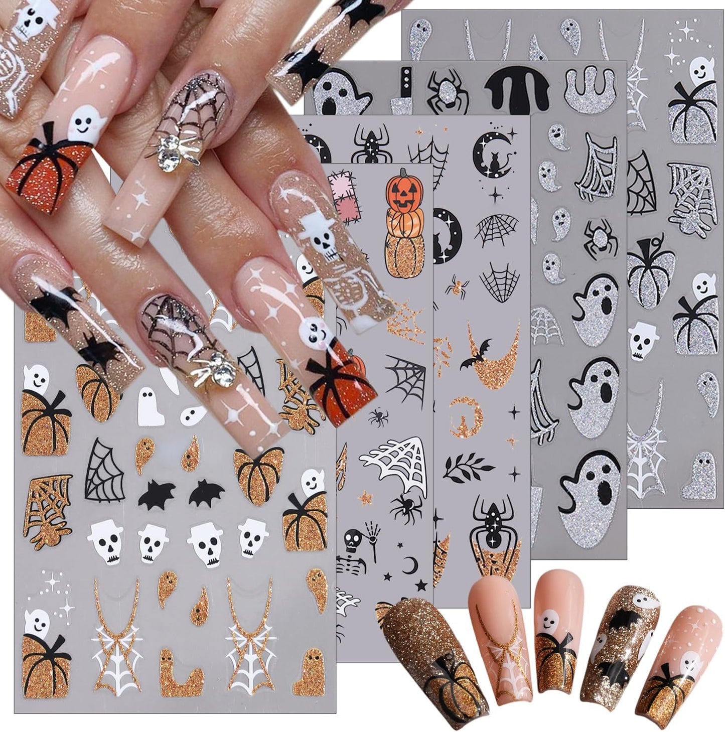5 Sheets Halloween Nail Art Stickers 3D Self-Adhesive Gold Silver Halloween Nail Decals Glitter Pumpkin Spider Web Bat Ghost Nails Stickers Holiday Nails Art Supplies for Women DIY Manicure Art Kit