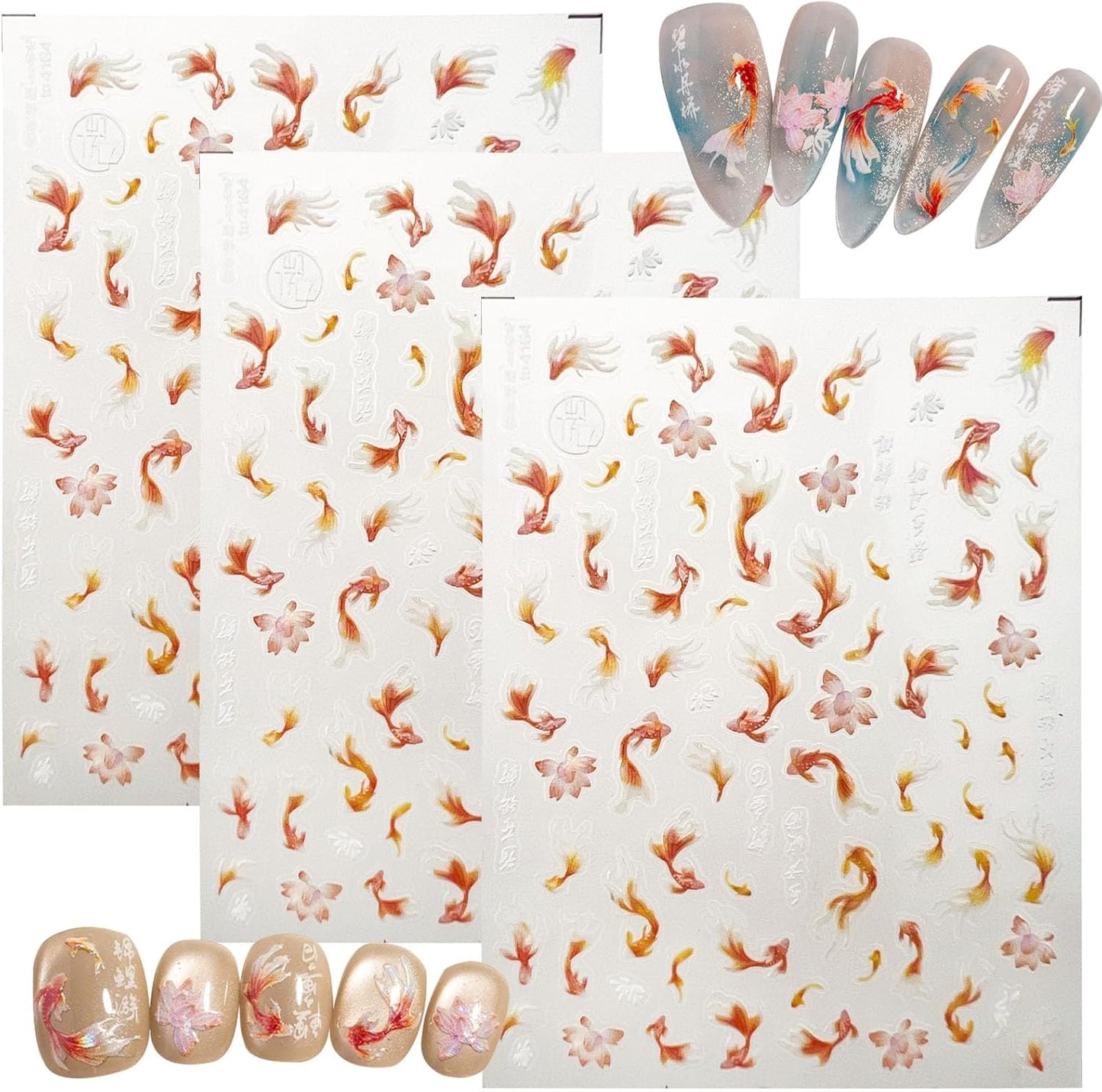 3 Sheets Goldfish Nail Art Stickers, 5D Embossed Cute Fish Nail Decals Self-Adhesive Chinese Style Nail Art Accessories for Women DIY Nail Decorations