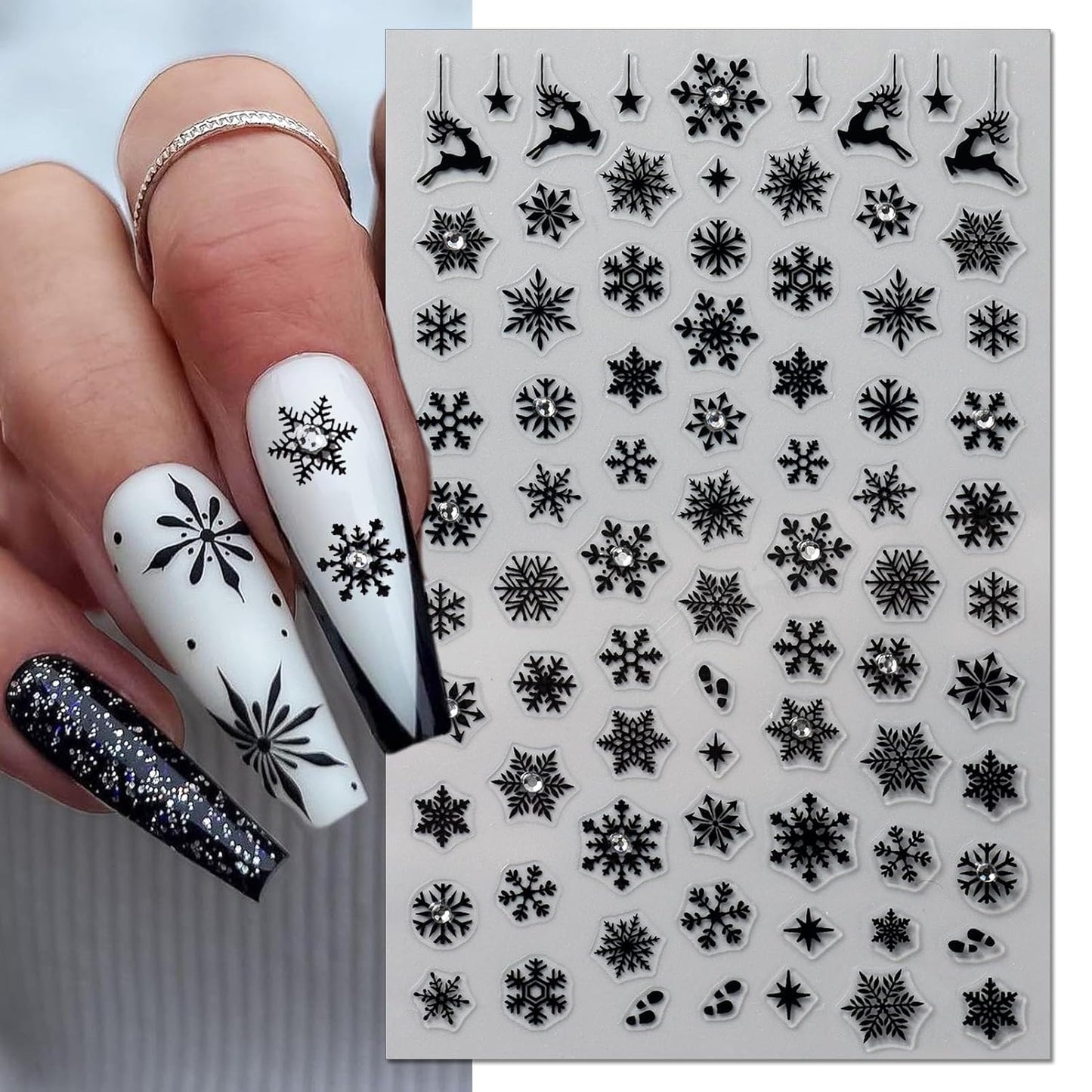 Rhinestone Studded Snowflake Nail Stickers, Christmas Self-Adhesive Crystal Diamond 3D Glitter Nail Art Design for DIY Manicure Winter Xmas DIY Nail Decals Decorations f (4 Sheets)