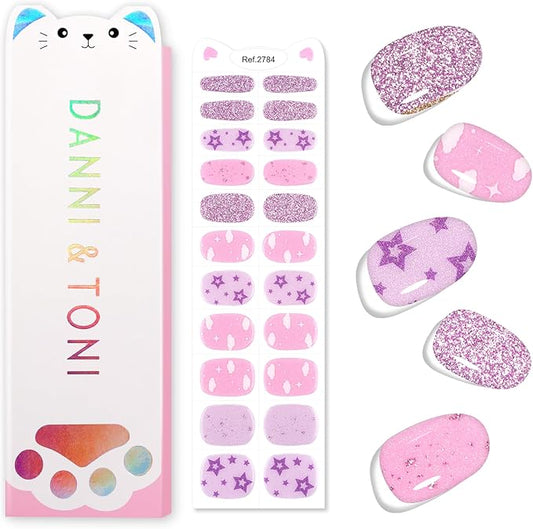 DANNI & TONI Kids Gel Nail Strips Clouds Stars Purple Glitters Salon-Quality Peel & Stick Manicure for Children (Age 6+)– Safe, Long-Lasting, Easy to Apply |Purple Dream