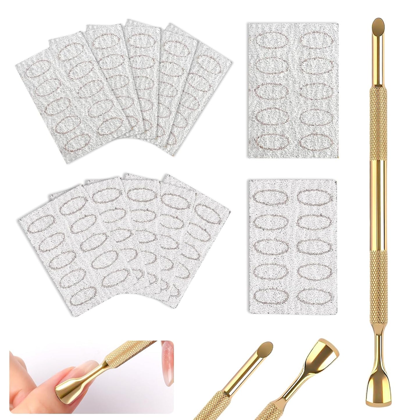 Pre-Treatment Cuticle Pusher, Dual Ended Cuticle Remover Russian Prep Nail Pushers with 100/180 Grit Sandpaper Sheets, Nail Care for Manicure Pedicure Nail Art and Foot Salon Home (Gold)
