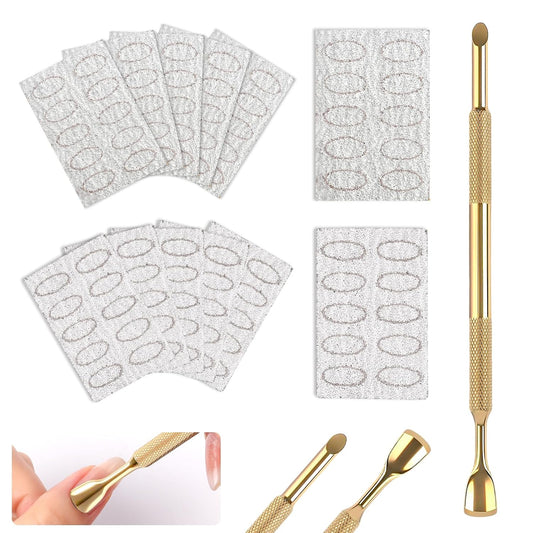 Pre-Treatment Cuticle Pusher, Dual Ended Cuticle Remover Russian Prep Nail Pushers with 100/180 Grit Sandpaper Sheets, Nail Care for Manicure Pedicure Nail Art and Foot Salon Home (Gold)