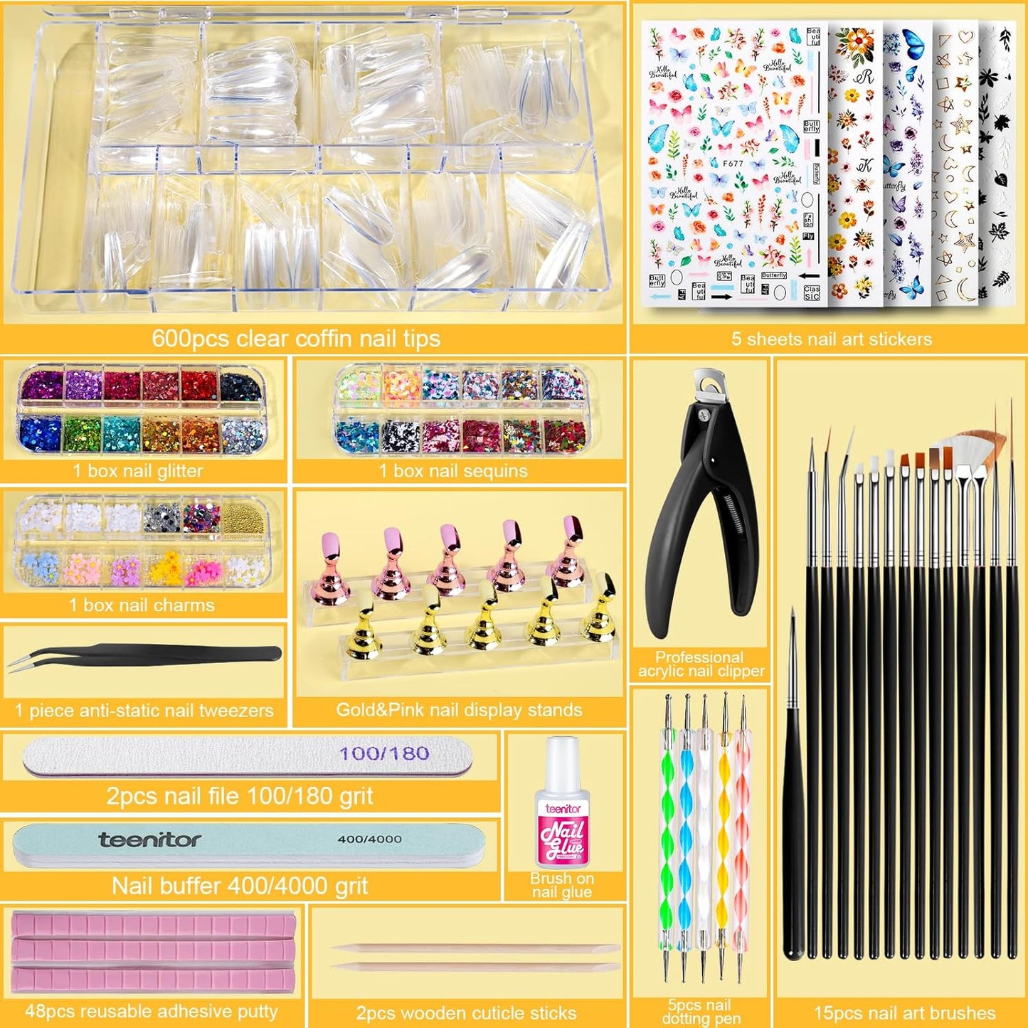 Teenitor Press On Nail Kit - Clear Coffin Nail Tips, Art Brushes, Dotting Pen, Glitter, Stickers & Rhinestones