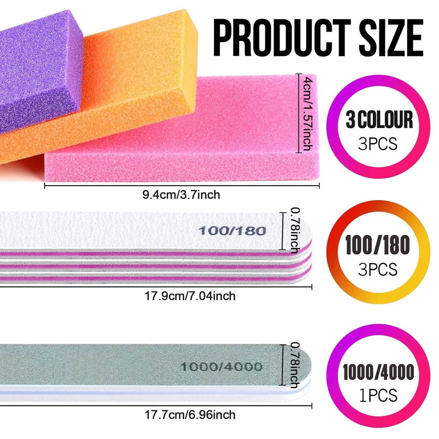 FANDAMEI Nail Buffers and Files - Professional Nail Care Kit with Rectangular Buffer Blocks, 100/180 & 1000/4000 Grit Files