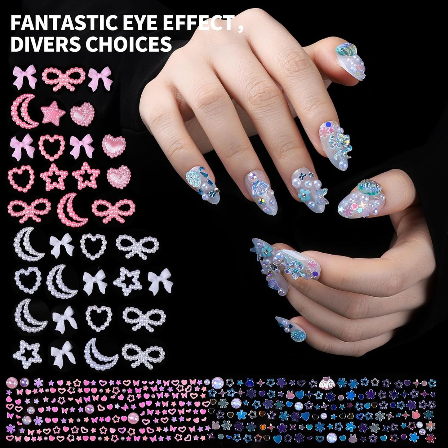 FAMDAMEI 24 Grid Nail Charms, Nail Art Kit with Multi Shapes Nail Charms and Gems, Flatback AB Nail Rhinestones Gold Nail Pearls, Colorful 3D Hawaii Flowers Nail Jewels for DIY Nail Design for Crafts