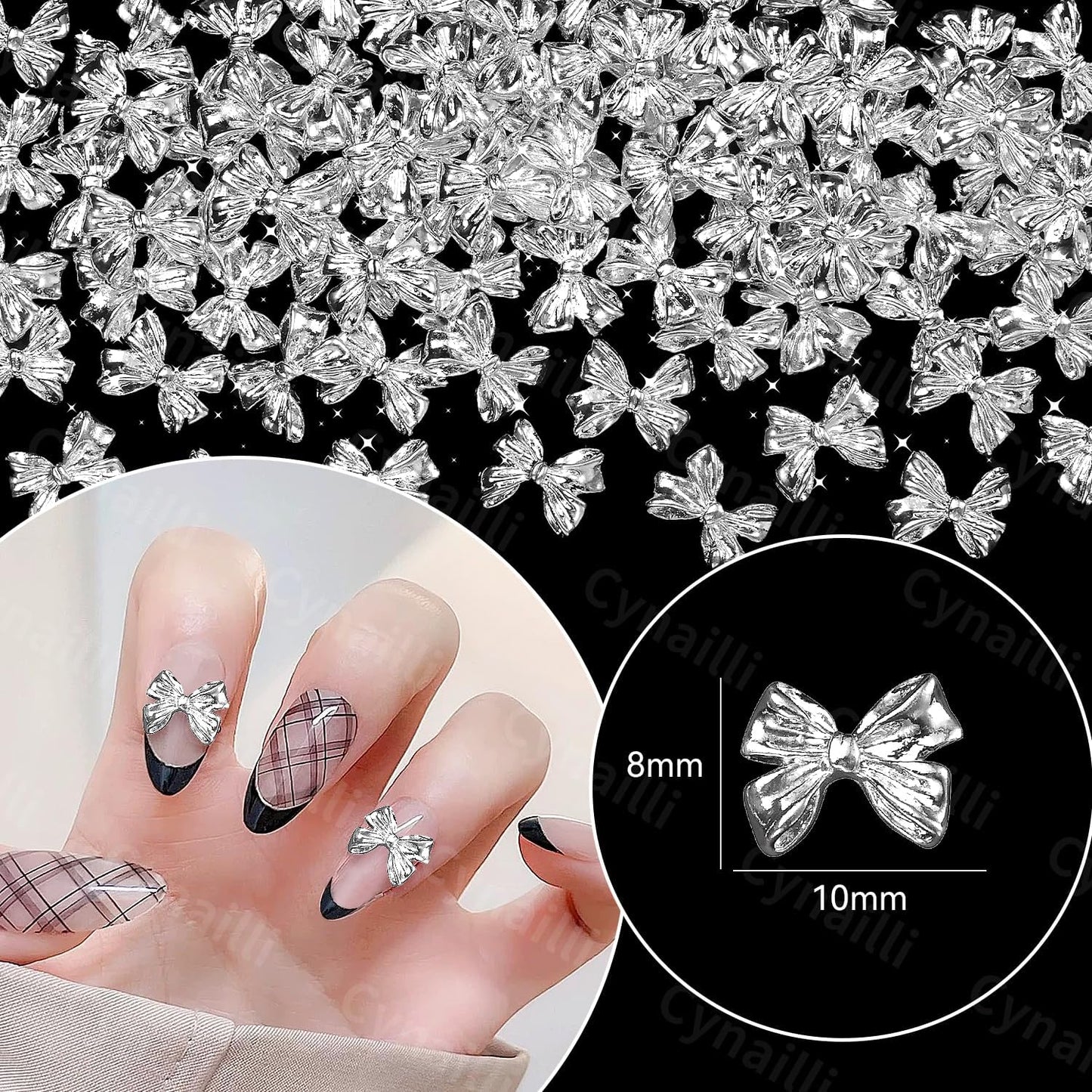 80 Pcs Silver Alloy Bow Nail Charms, 3D Metal Bowknot Nail Jewelry, Nail Art Design DIY Accessories