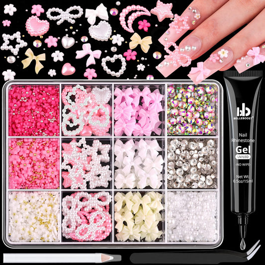 Chunky Nail Charms and Gems Set 4 with Rhinestone Glue, Girly Coquette Nail Charms + Assorted Pearl Bows Heart Star Moon + Cute 3D Flowers for Nails + Flatback Crystals & Pearls for Kawaii Nail Design