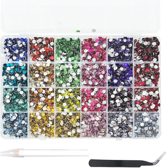 6000Pcs Nail Art Rhinestones, BetterJonny 24 Colors 5mm Round Nail Flatback Rainbow Gems Set with Tweezers and Pencil AB Glitter Flat-Bottomed Rhinestone for Crafts Decoration and Jewelry Making…