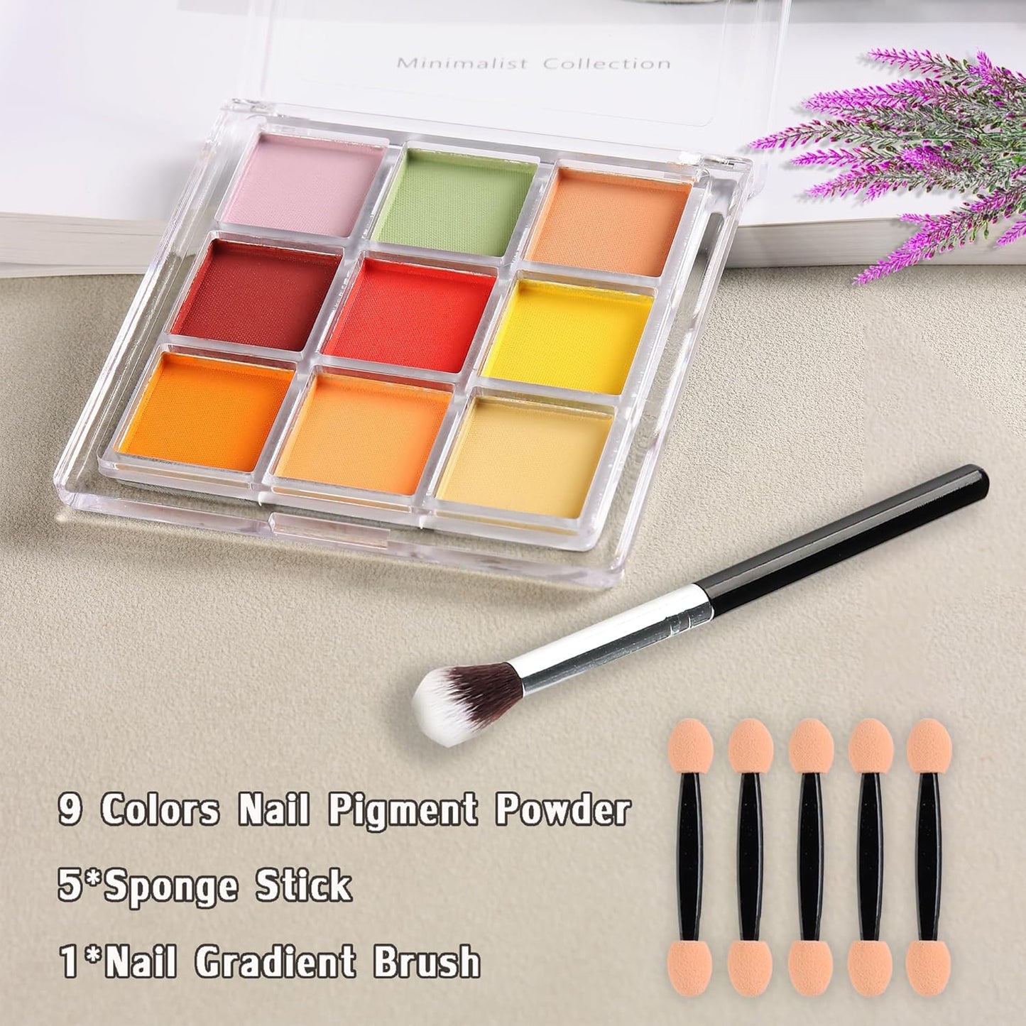 Nail Pigment Powder 9 Colors Nail Pigment Palette Gradient Ombre Color Nails Fine Solid Neon Powder for DIY Design Manicure Beginners -Includes 5 Sponge Sticks 1 Brush #10