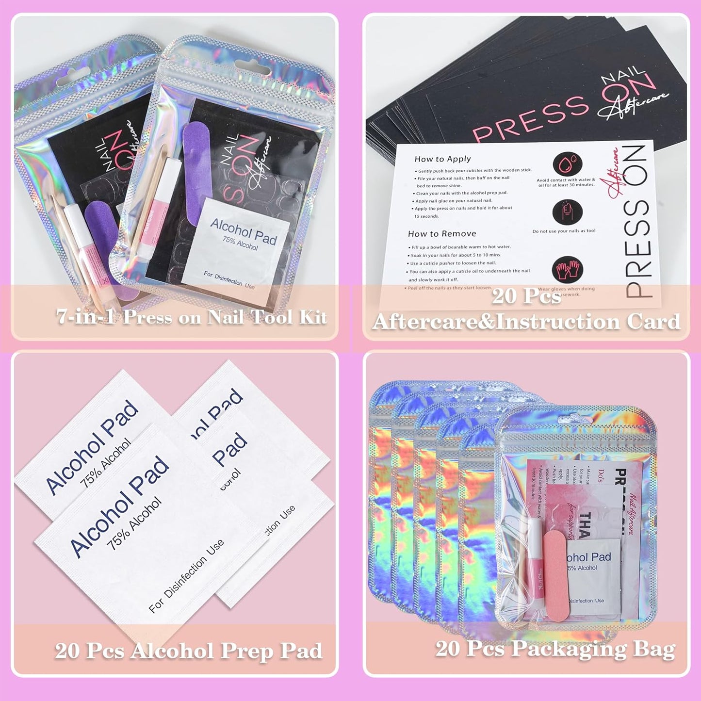 Press On Nail Tool Kit for Nail Business, Nail Prep Application Disposable Kit with Nail File, Nail Glue, Prep Pads, Instruction Card, Adhesive Nail Tabs, Wood Stick, Holographic Bag (20pcs in purple)