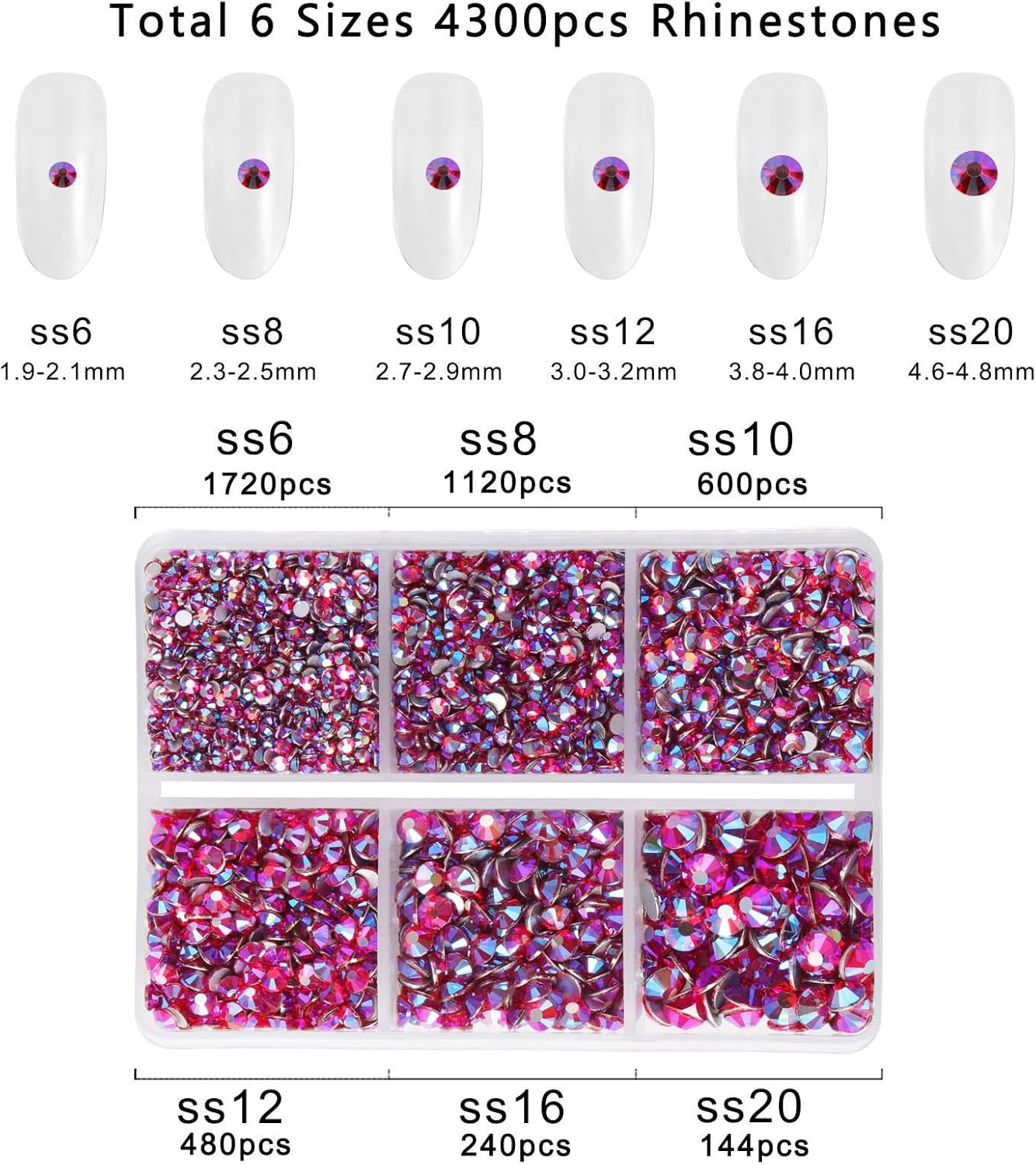 Beadsland 4300pcs Flatback Rhinestones, Red AB Rhinestone Nail Gems Round Crystal Rhinestones for Crafts,Mixed 6 Sizes with Picking Tweezers and Wax Pencil Kit, SS6-SS20, Light Siam AB