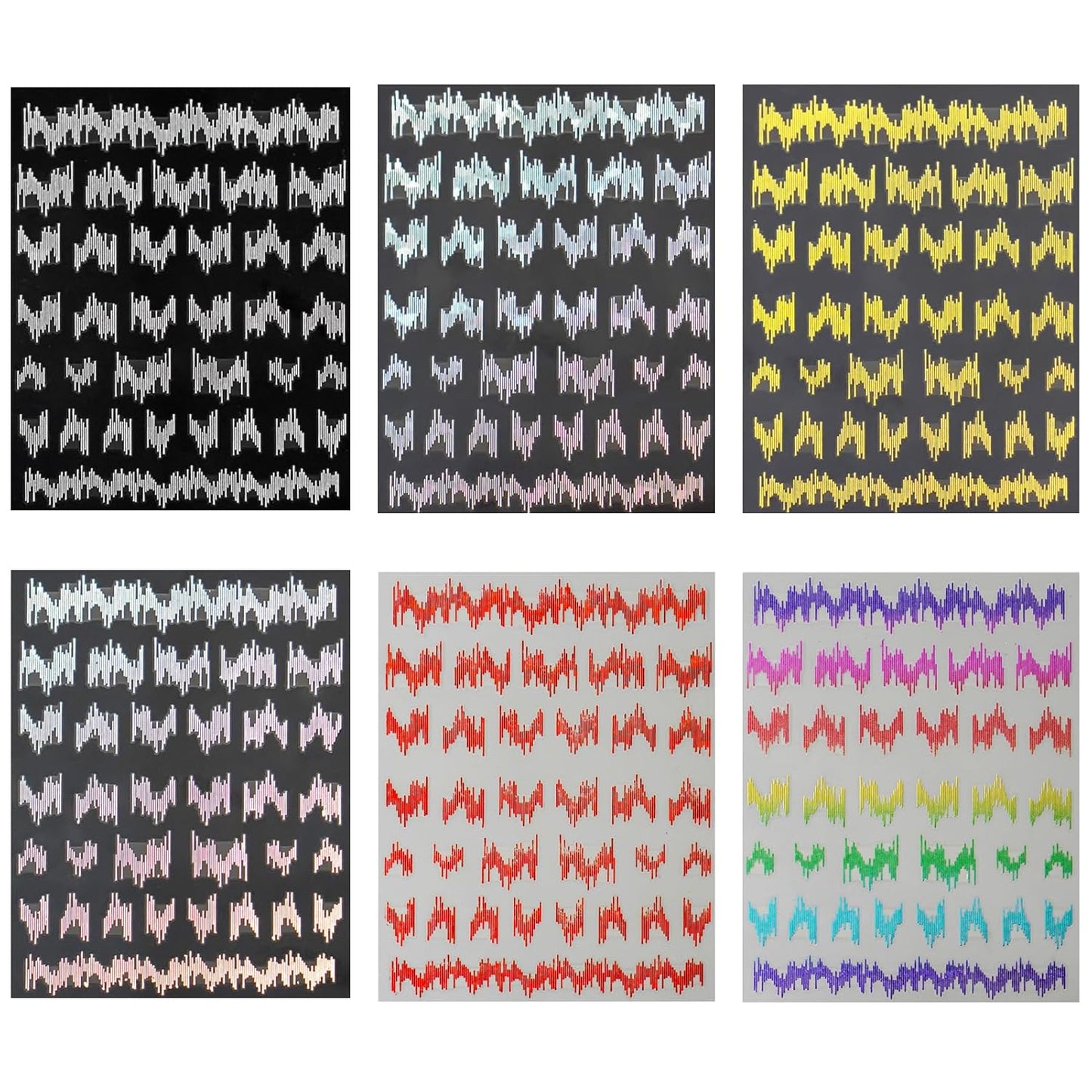Laser Acoustic Wave Nail Art Stickers, Self-Adhesive 3D High Gloss Reflective Silk Glitter Vertical Strip Nail Decals Decorations (6 Sheets)