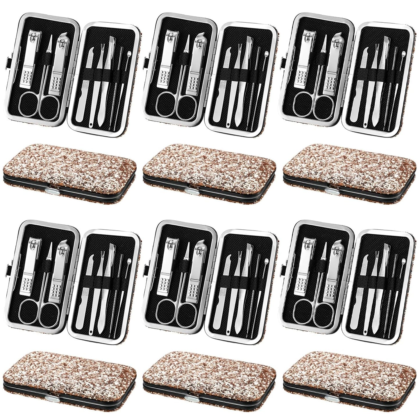 Geosar 12 Set 8 in 1 Manicure Set Stainless Steel Nail Clippers Kit Pedicure Care Tools with Leather Case Travel Grooming Kit Gift for Women Men(Glitter Rose Gold)