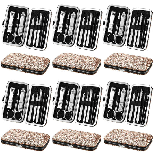 Geosar 12 Set 8 in 1 Manicure Set Stainless Steel Nail Clippers Kit Pedicure Care Tools with Leather Case Travel Grooming Kit Gift for Women Men(Glitter Rose Gold)