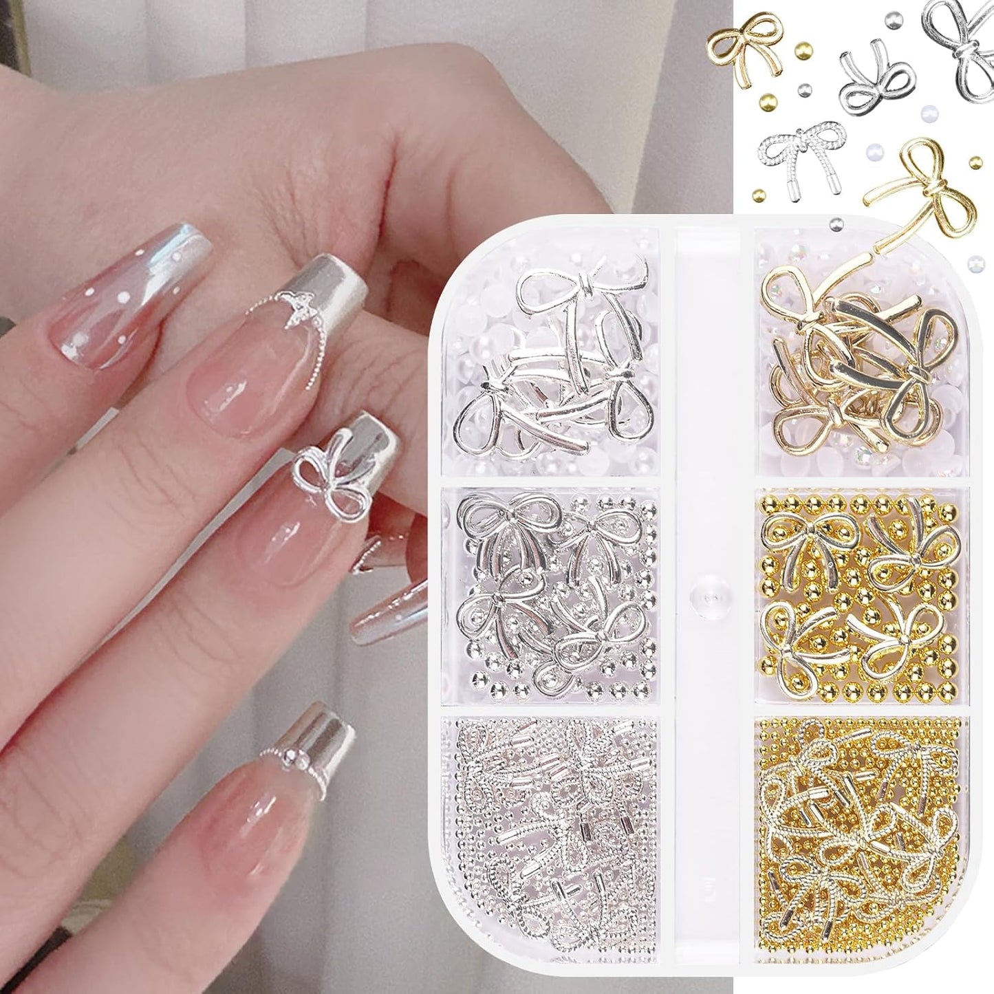 3D Metal Bowknot & AB Pearl and Mini Beads Nail Art Kit - Gold/Silver Alloy Bowknot, 1-2mm Stainless Steel Caviar Beads, 3mm Half Pearls for Professional Salon & DIY Manicure Jewelry Designs (Set 4)