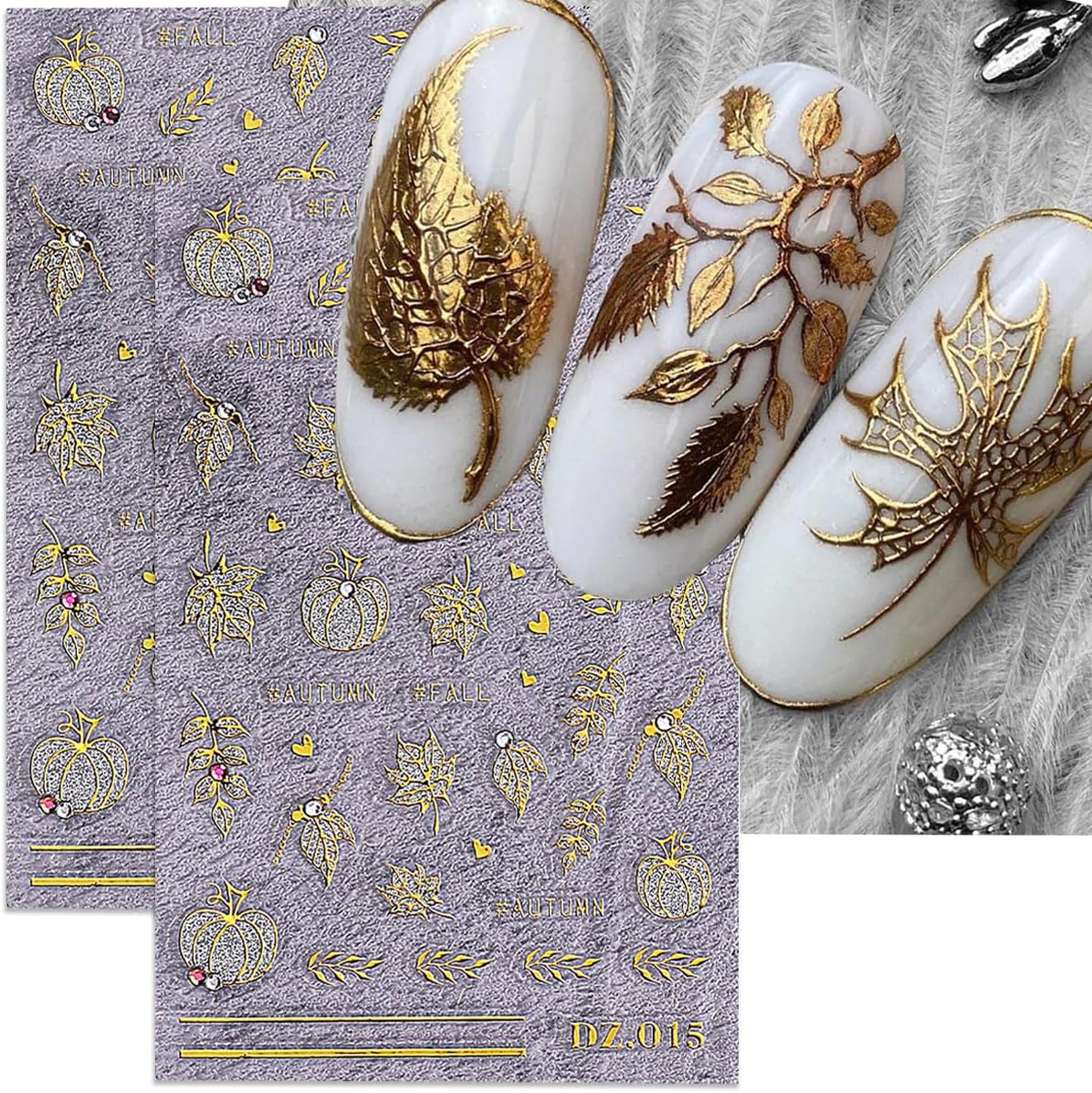 Fall Nail Art Stickers Autumn Pumpkin Maple Leaf Crystal Nail Decals 3PCS Gold Fall Leaf Pumpkin Heart Nail Design Adhesive Stickers Nail Art Supplies for Thanksgiving Day DIY Nail Decoration