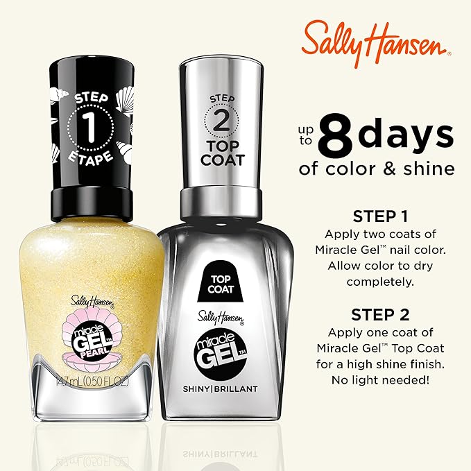 Sally Hansen Miracle Gel Pearls Salon Quality Nail Polish | Gel-Like Formula, Two-Step System, No UV Light Needed, Long Lasting | Opaque, Shimmery | 905 Diving for Treasure | Sofy Yellow Nail Color