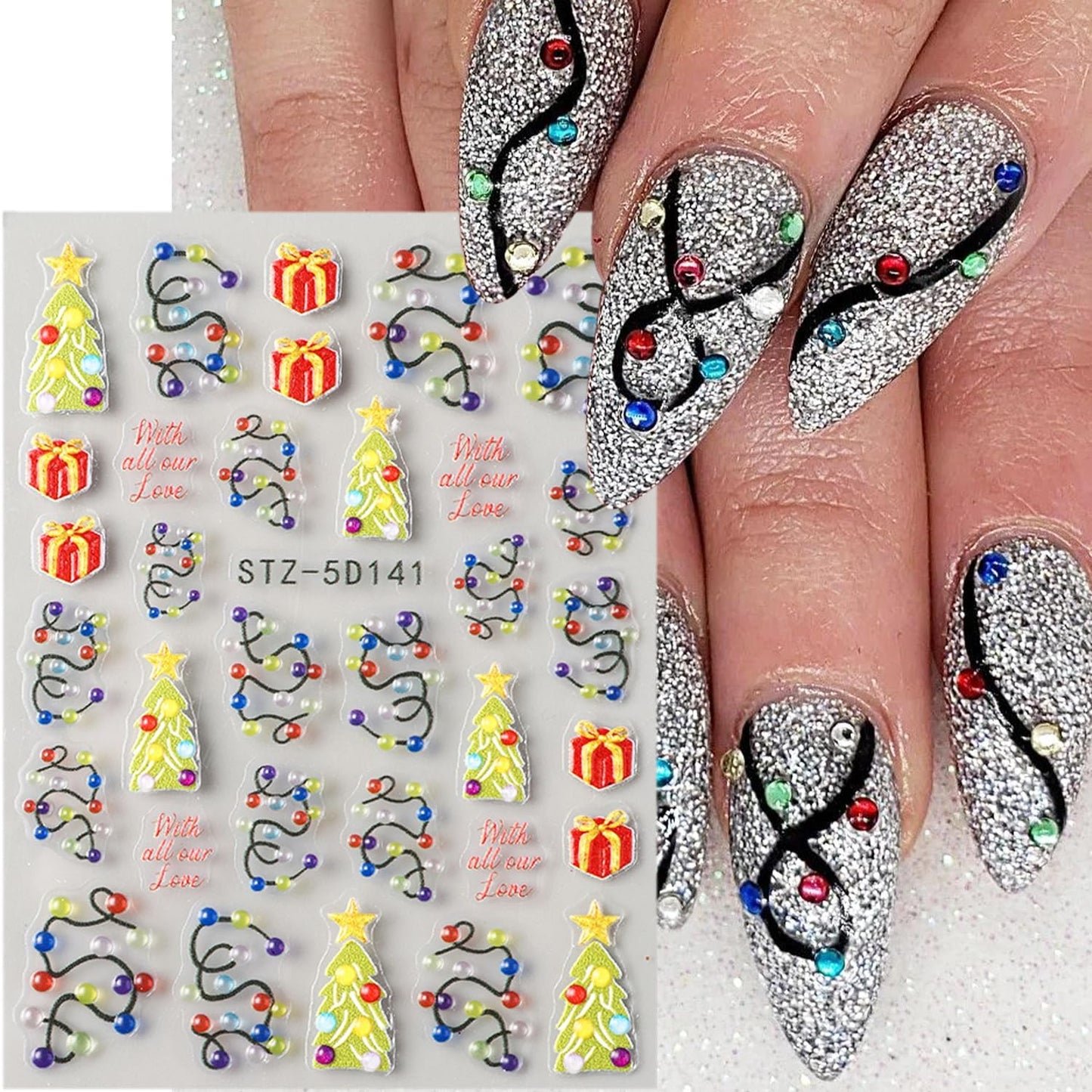 2 Sheets Christmas Nail Stickers for Nail Art Embossed New Year Light Strip Nail Art Stickers 5D Self-Adhesive Xmas Gift Nail Design Supplies Winter Christmas Tree Nail Decals for Women Holiday Decor